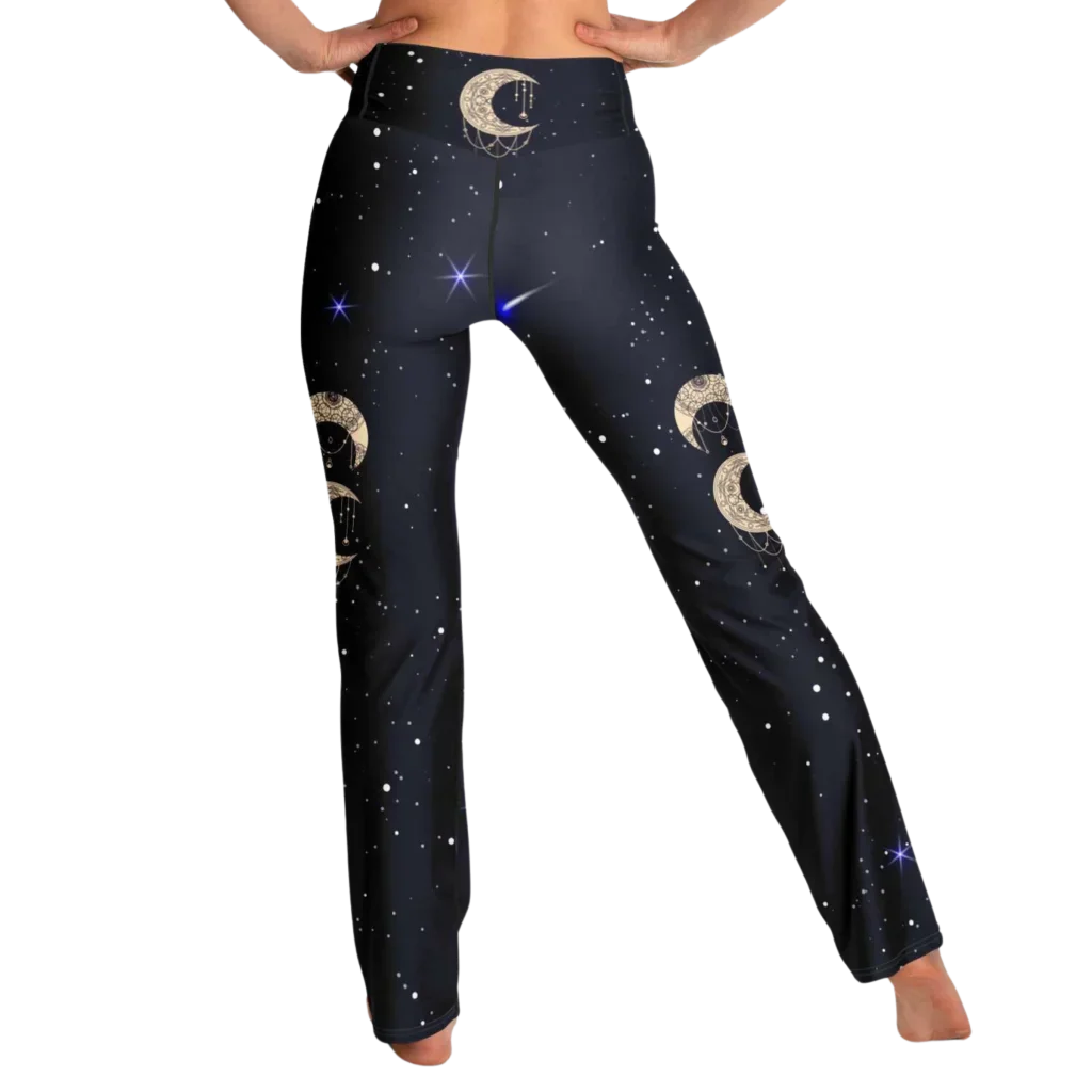 Boho Moon Black Pants With Flare And Night Sky Design