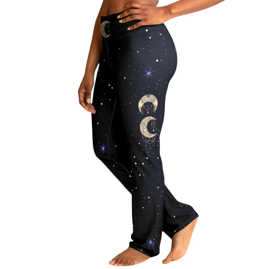 Boho Moon Black Pants With Flare And Night Sky Design