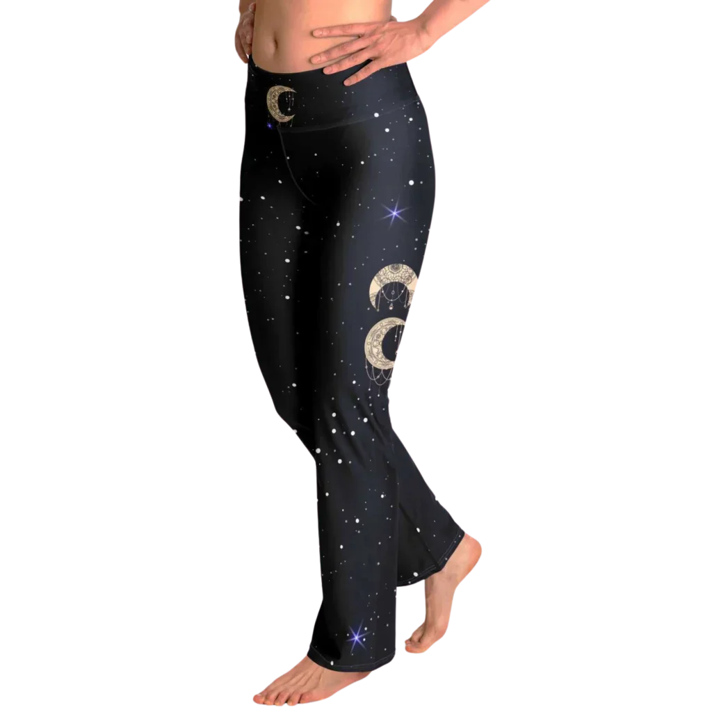 Boho Moon Black Pants With Flare And Night Sky Design