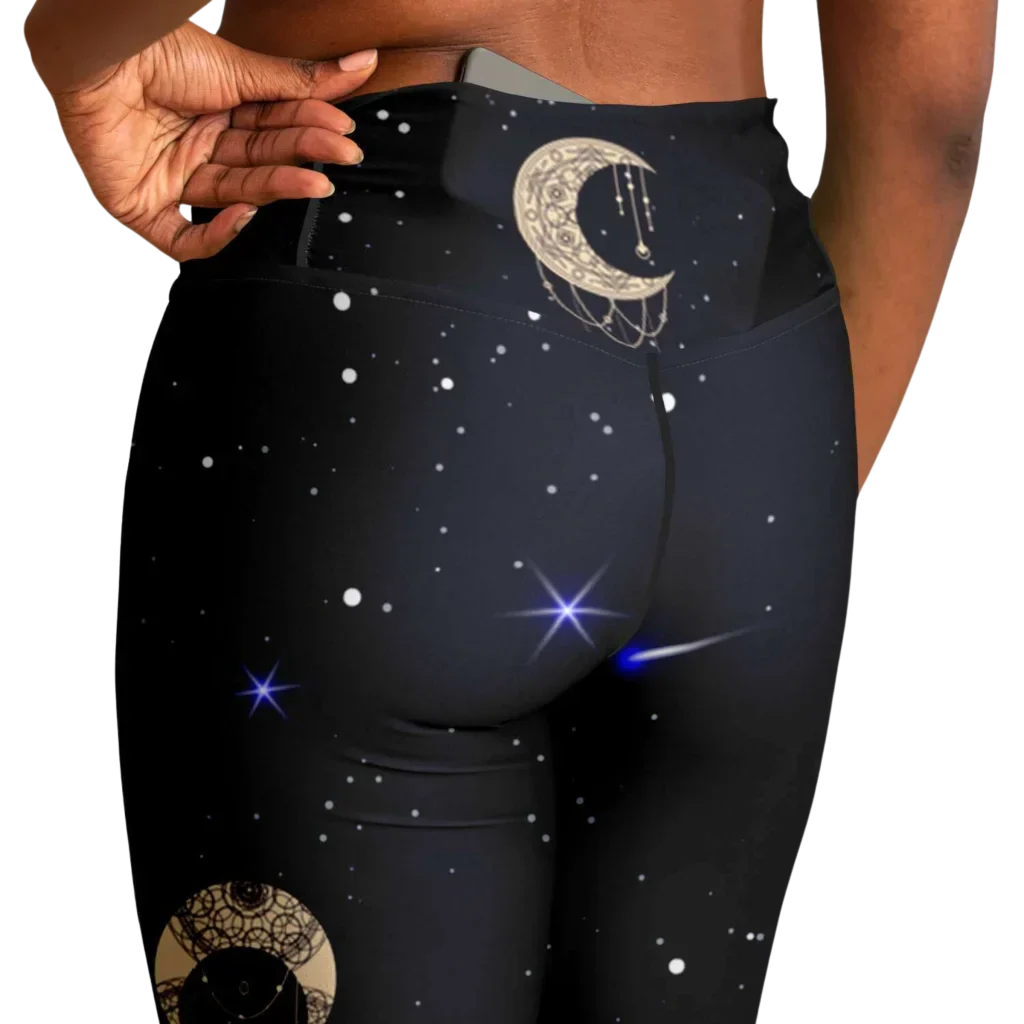 Boho Moon Black Pants With Flare And Night Sky Design