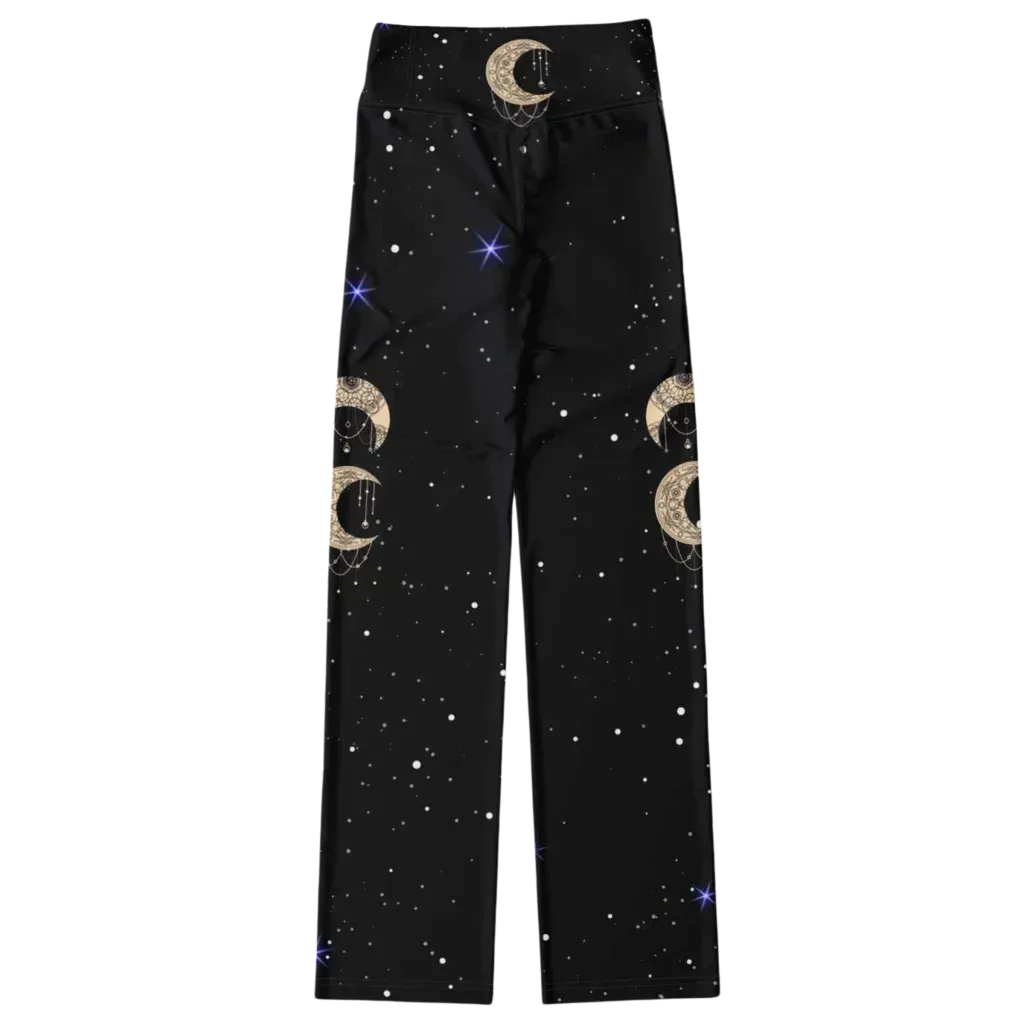 Boho Moon Black Pants With Flare And Night Sky Design