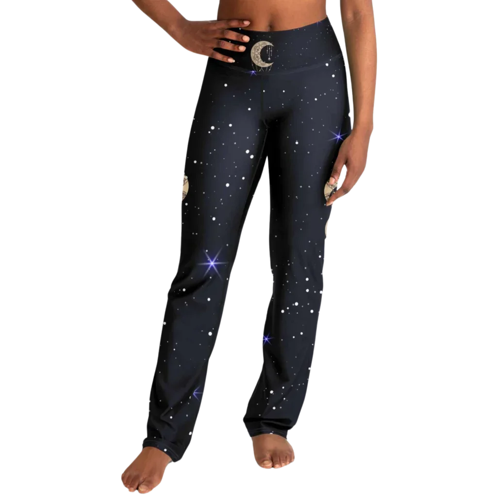 Boho Moon Black Pants With Flare And Night Sky Design