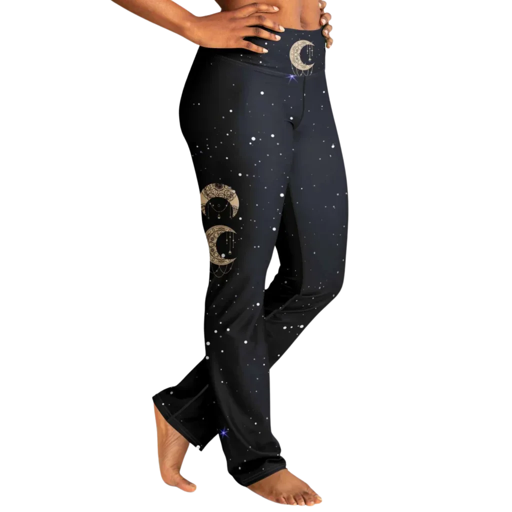 Boho Moon Black Pants With Flare And Night Sky Design