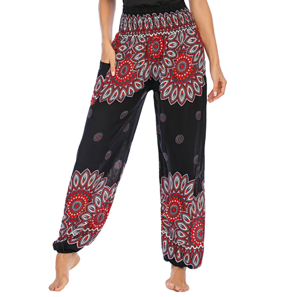 Boho Pants For Woman With Elastic Waist Comfort - Black Lantern / one size