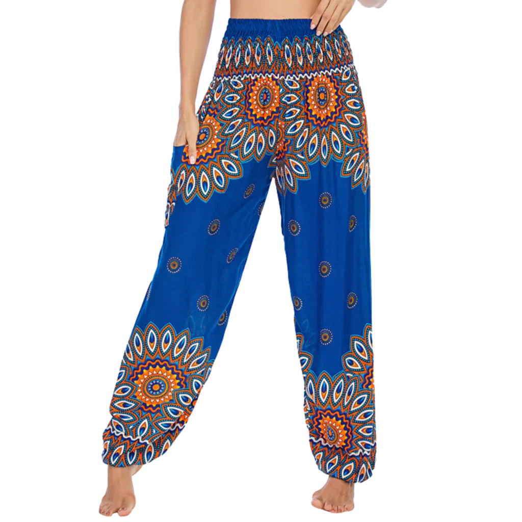 Boho Pants For Woman With Elastic Waist Comfort - Dark Blue Lantern / one size