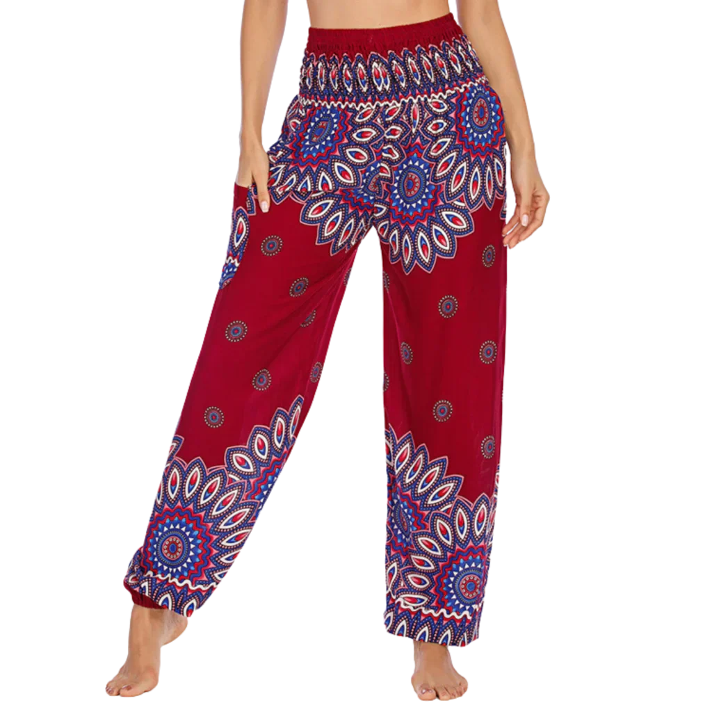Boho Pants For Woman With Elastic Waist Comfort - Wine Red Lantern / one size