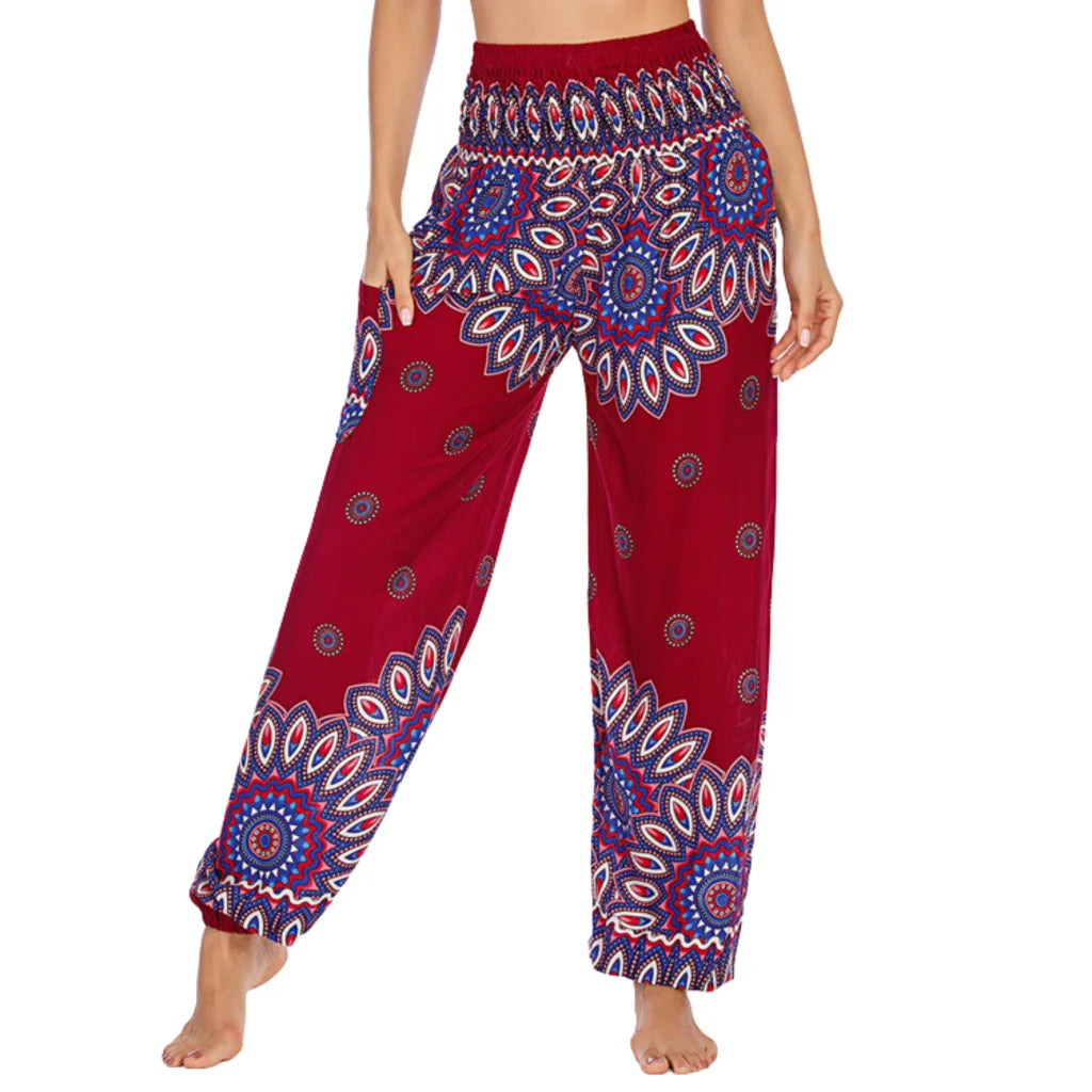 Boho Pants For Woman With Elastic Waist Comfort - Wine Red Lantern / one size