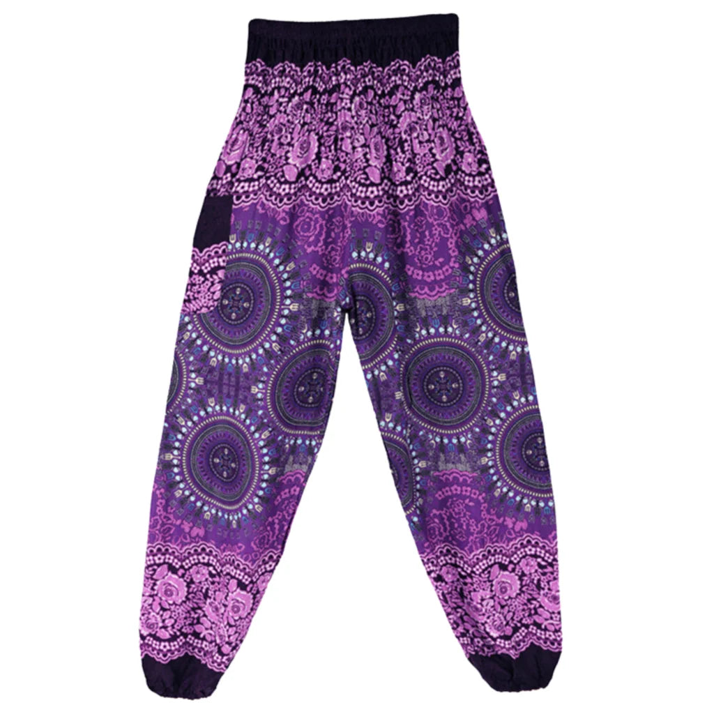 Boho Pants Womens High Waist Cotton Trousers - Rose Purple / one size