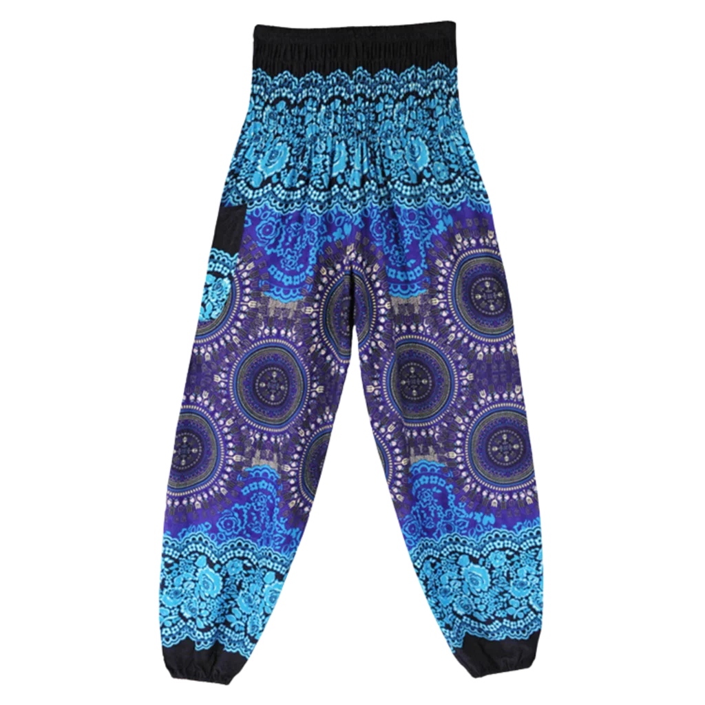 Boho Pants Womens High Waist Cotton Trousers - Turquoise Blue / one size