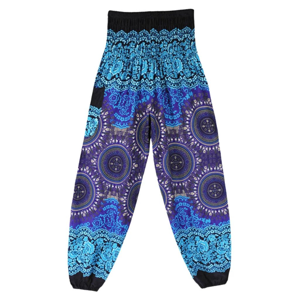 Boho Pants Womens High Waist Cotton Trousers - Turquoise Blue / one size