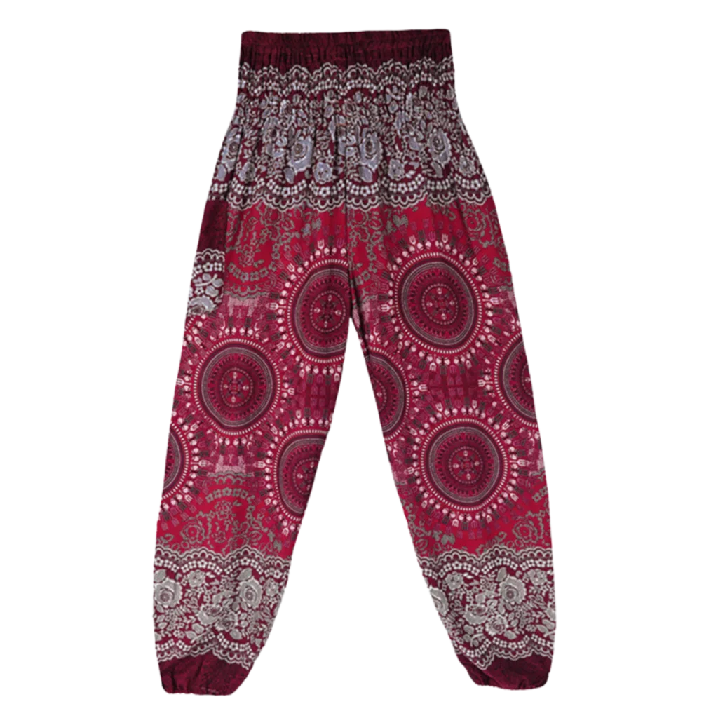 Boho Pants Womens High Waist Cotton Trousers - Wine Red / one size