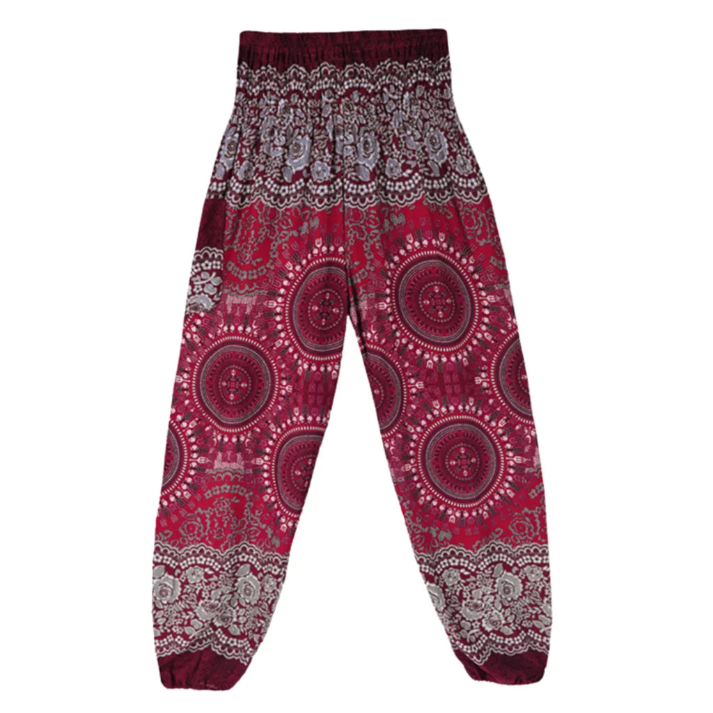Boho Pants Womens High Waist Cotton Trousers - Wine Red / one size