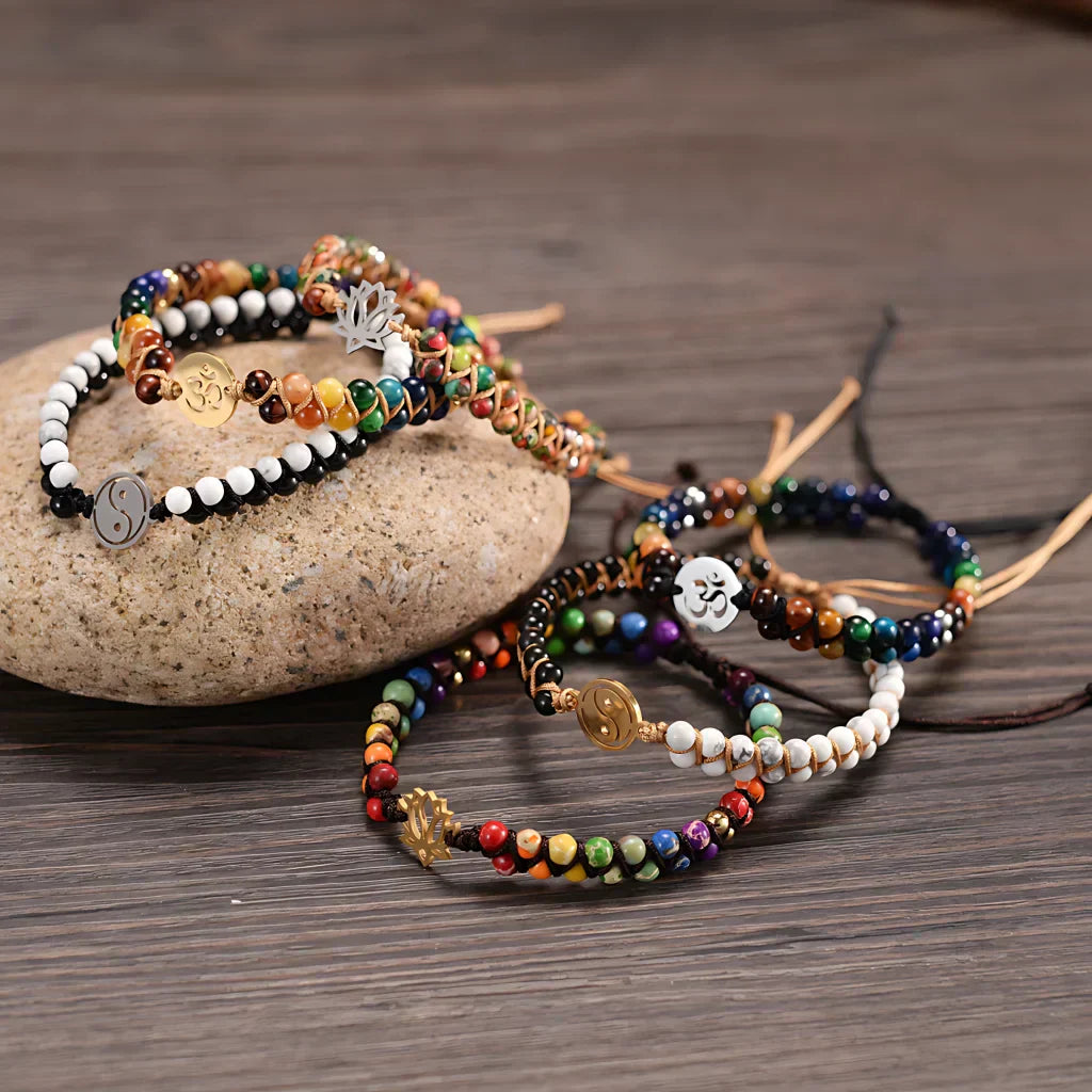 Bracelet Chakra Agate Stone With Handwoven Detail - Gold