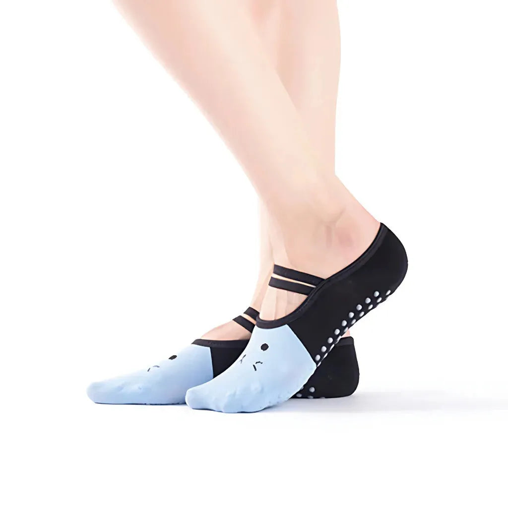 Cartoon Pattern Pilates Socks Grip For Yoga & Dance - Light blue black / one size