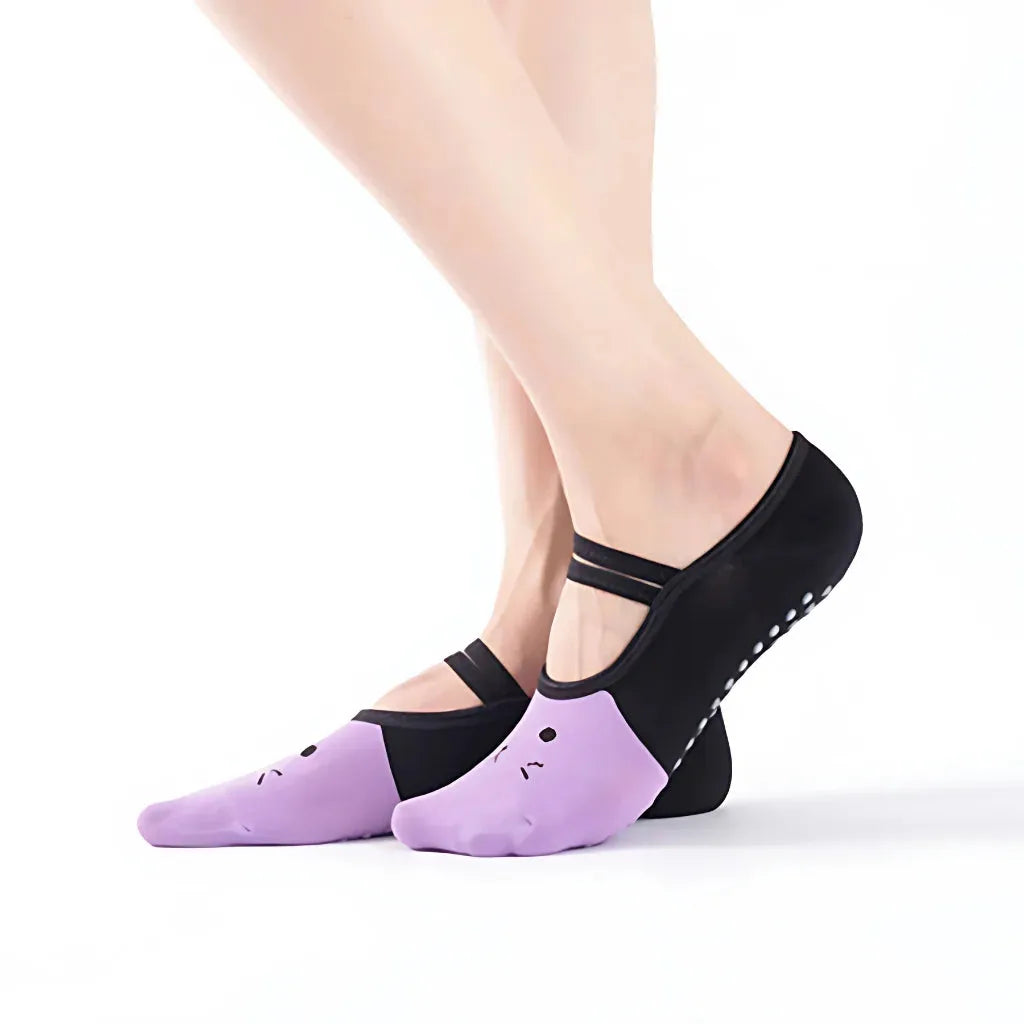 Cartoon Pattern Pilates Socks Grip For Yoga & Dance - Light purple black / one size
