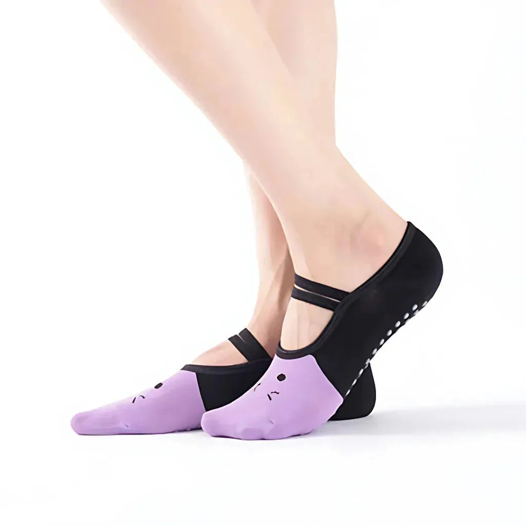 Cartoon Pattern Pilates Socks Grip For Yoga & Dance - Light purple black / one size