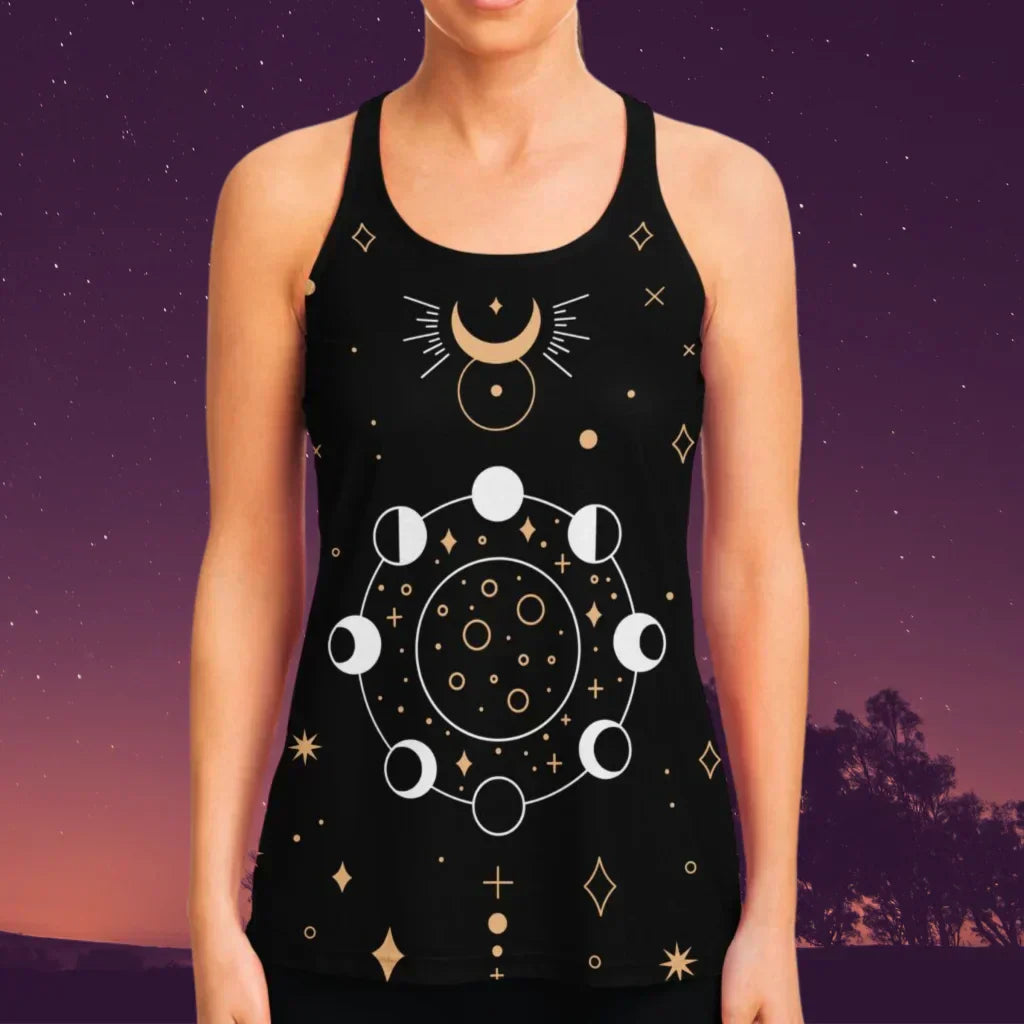 Celestial Moon Phases Racer Top In Night Sky Black