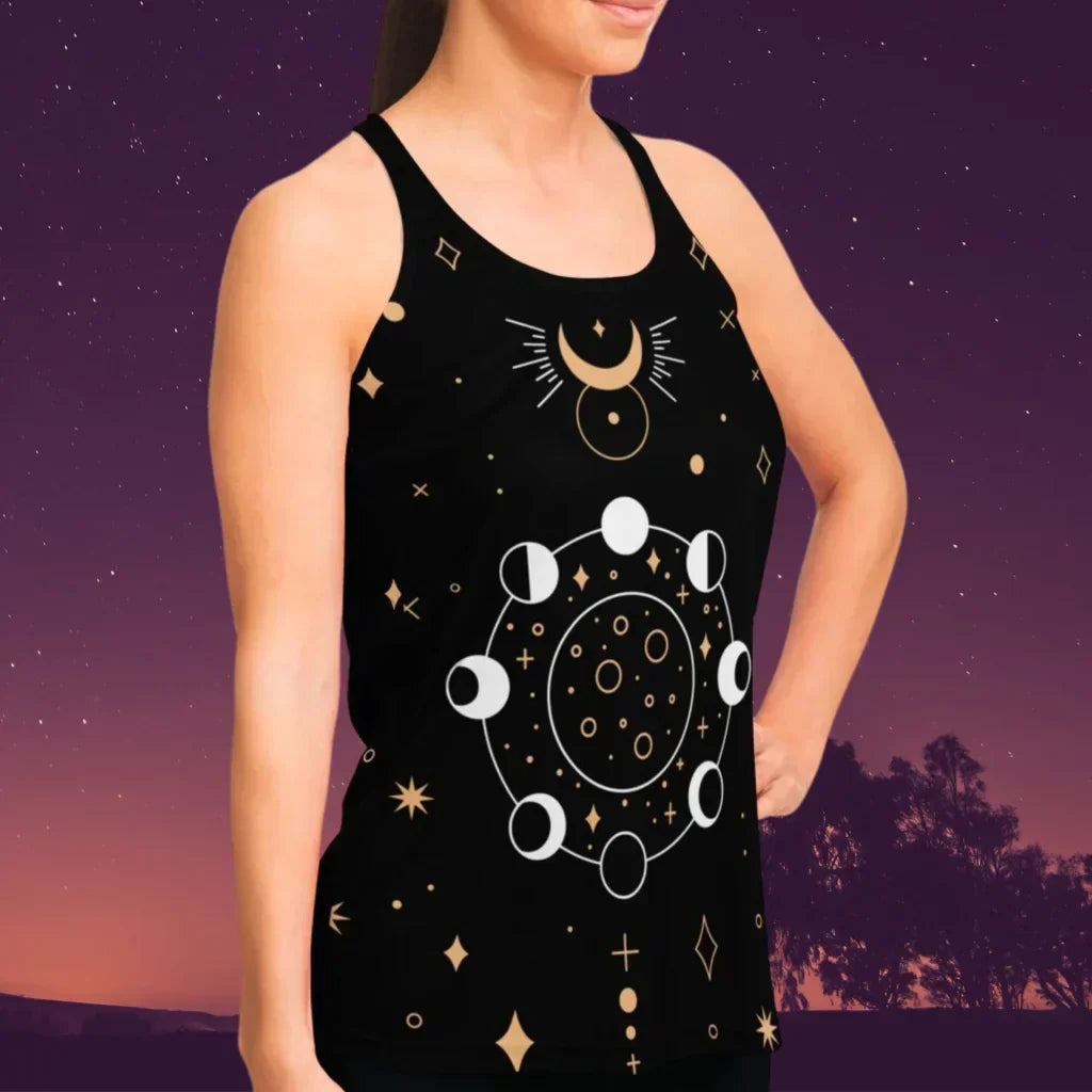Celestial Moon Phases Racer Top In Night Sky Black