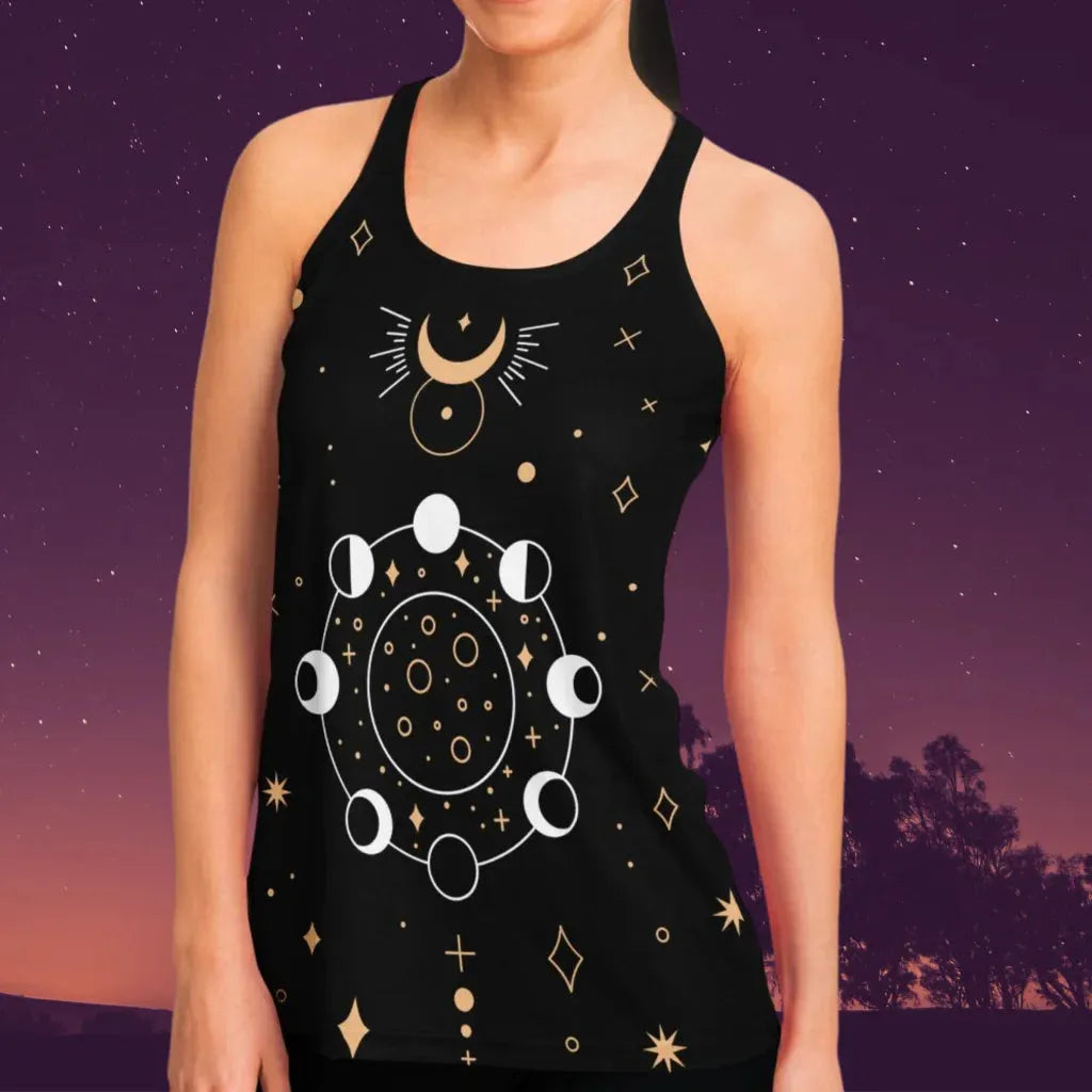 Celestial Moon Phases Racer Top In Night Sky Black