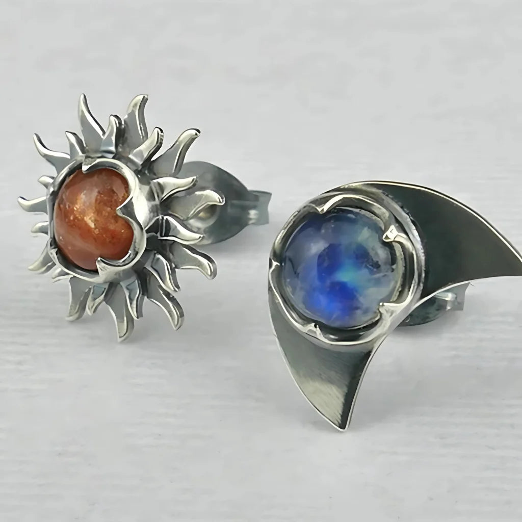 Celestial Moon Star Stone Silver Earrings - Silver