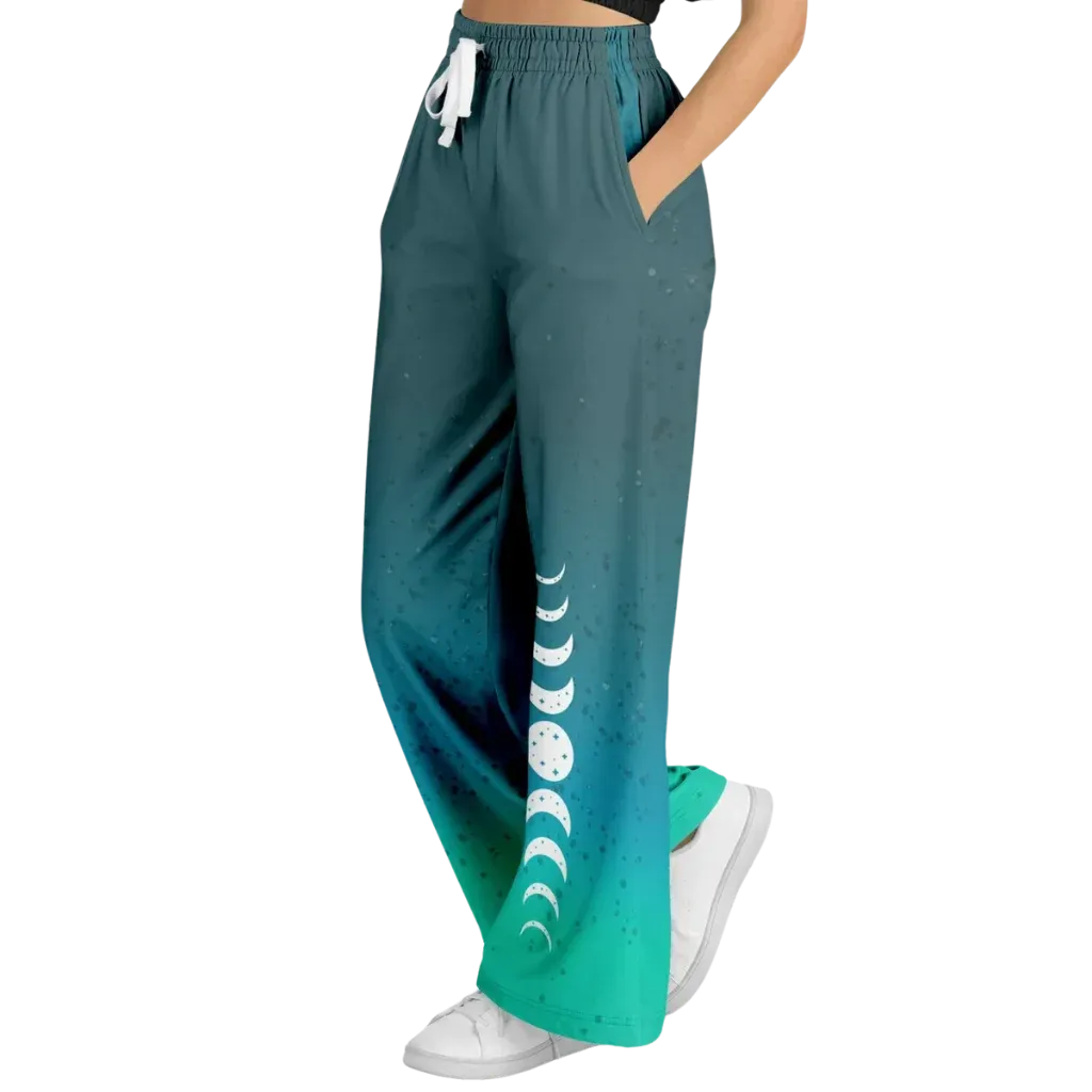Celestial Sky Wide Leg Jogging Pants With Moon Phases