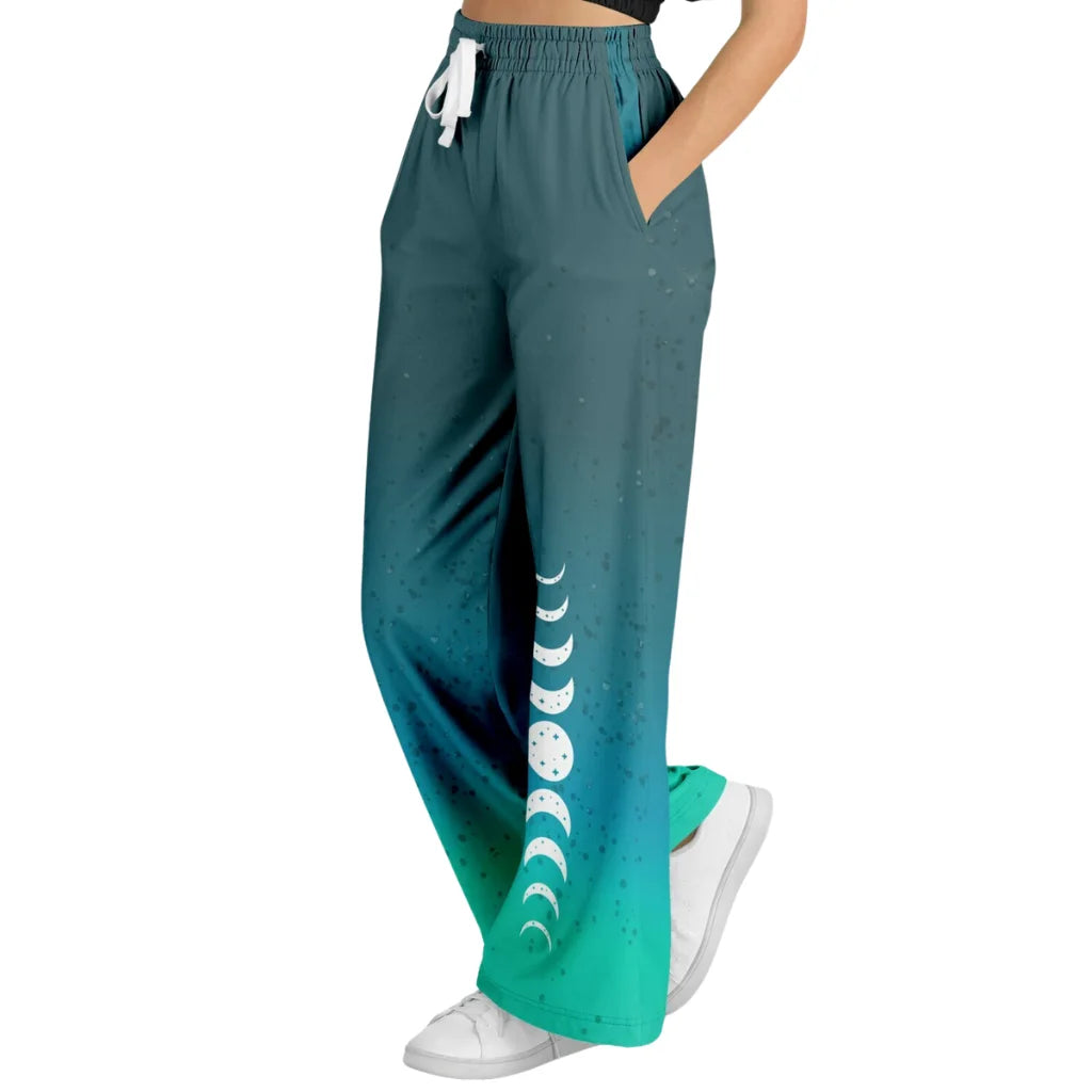 Celestial Sky Wide Leg Jogging Pants With Moon Phases