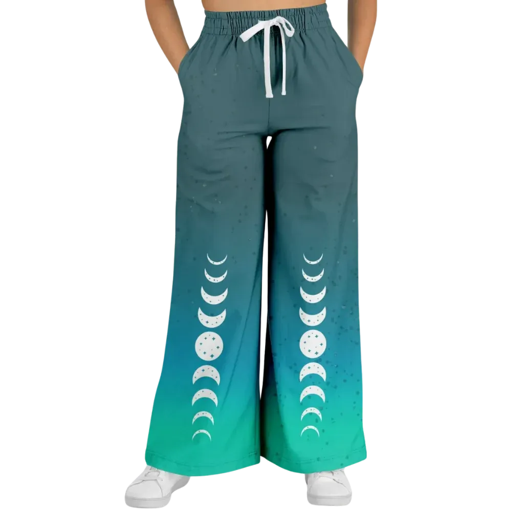 Celestial Sky Wide Leg Jogging Pants With Moon Phases