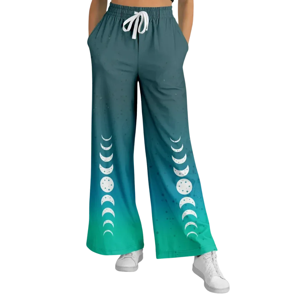 Celestial Sky Wide Leg Jogging Pants With Moon Phases - XS