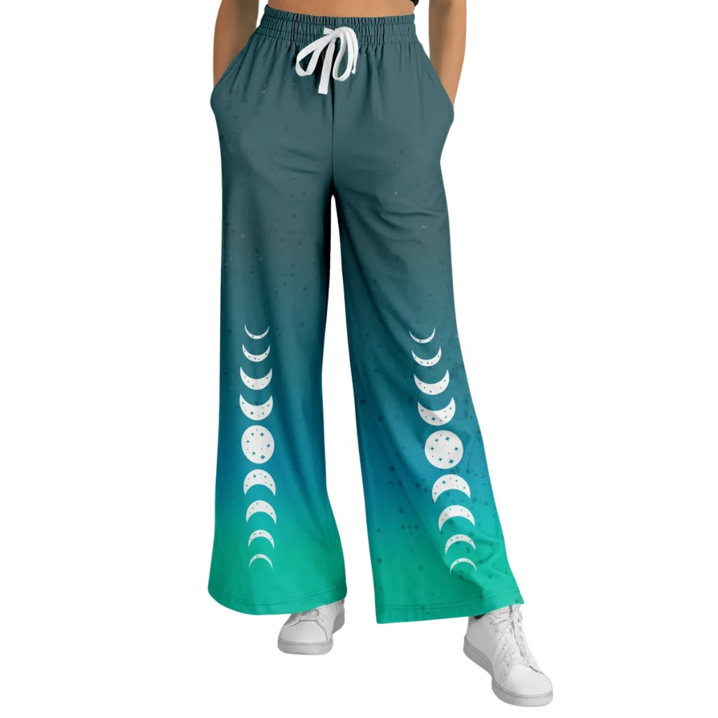 Celestial Sky Wide Leg Jogging Pants With Moon Phases - XS