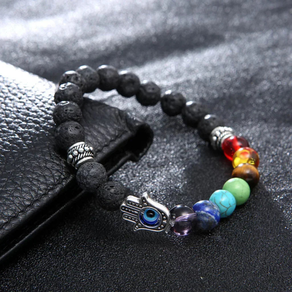 Chakra Bracelet Lava Stone With Hamsa Charm - Bead Diameter: 8mm