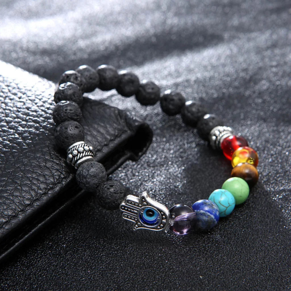 Chakra Bracelet Lava Stone With Hamsa Charm - Bead Diameter: 8mm