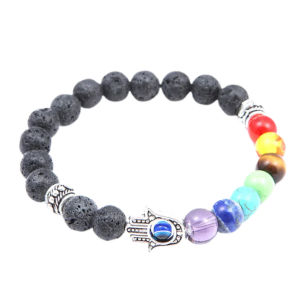 Chakra Bracelet Lava Stone With Hamsa Charm - Bead Diameter: 8mm