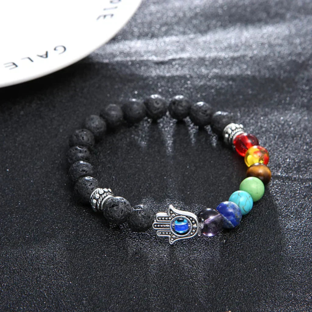 Chakra Bracelet Lava Stone With Hamsa Charm - Bead Diameter: 8mm