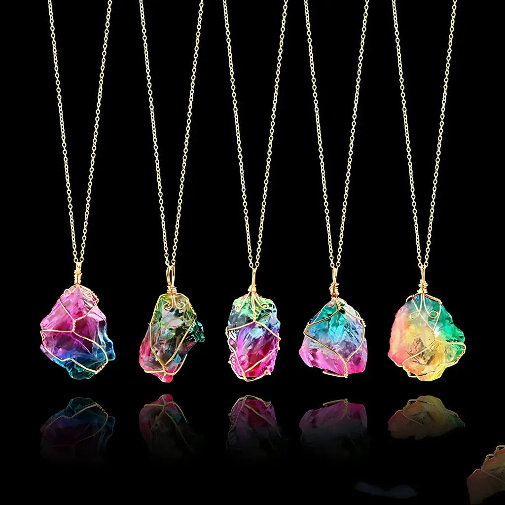 Chakra Stones Necklace With Raw Crystal Pendant