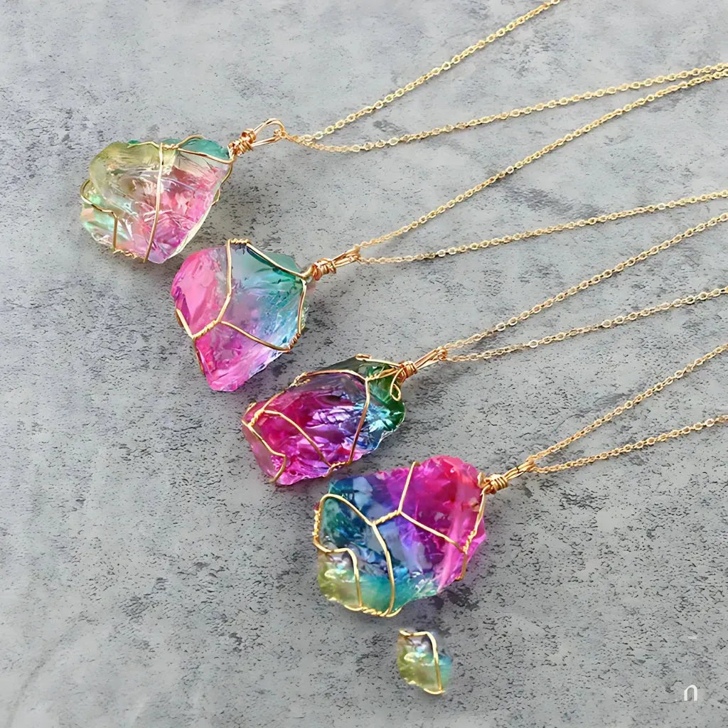 Chakra Stones Necklace With Raw Crystal Pendant