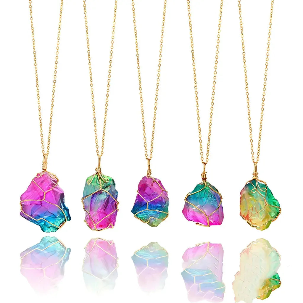 Chakra Stones Necklace With Raw Crystal Pendant - Gold / 1PCS