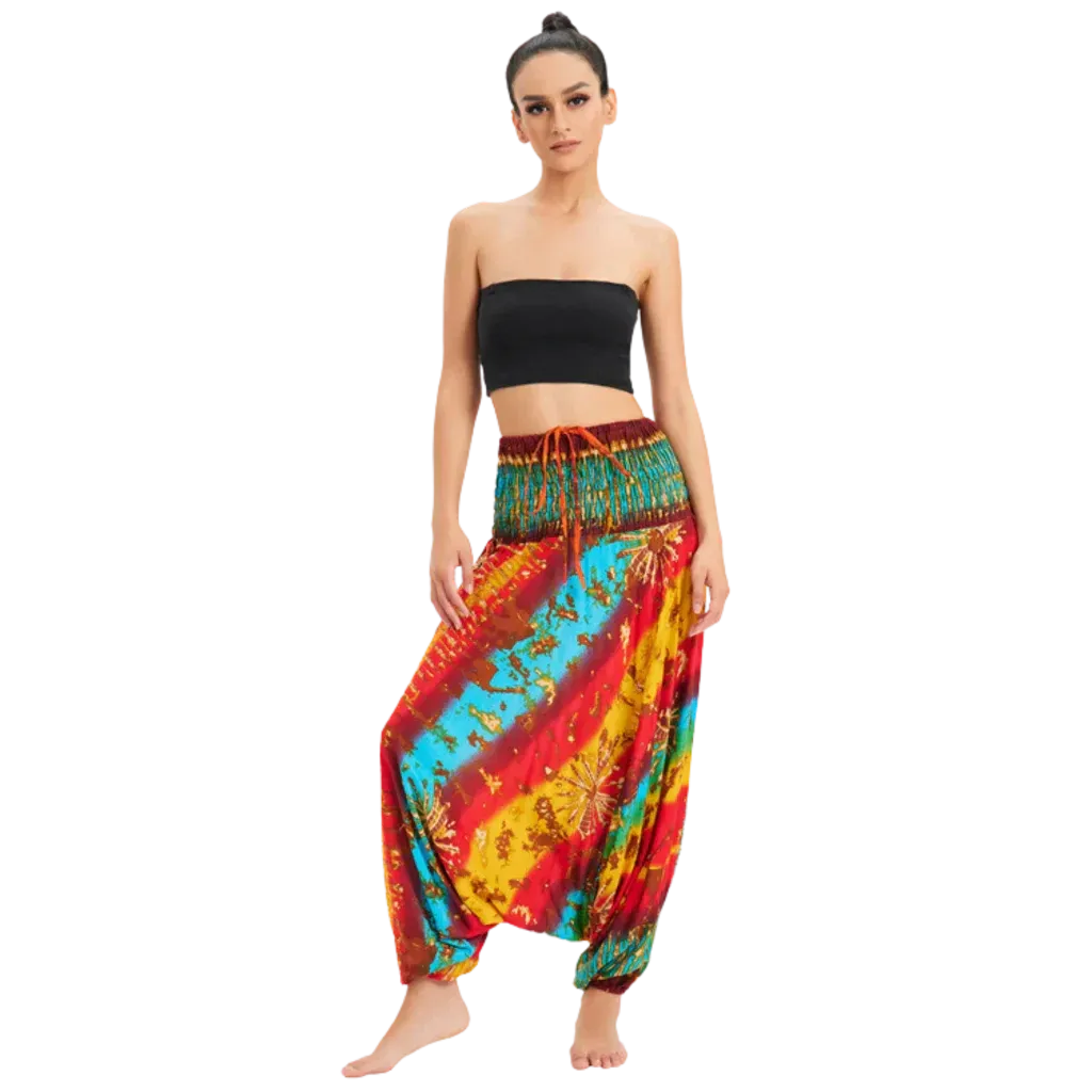 Convertible Female Drop Crotch Pants Romper - Yellow Blue Red Gradient / one size