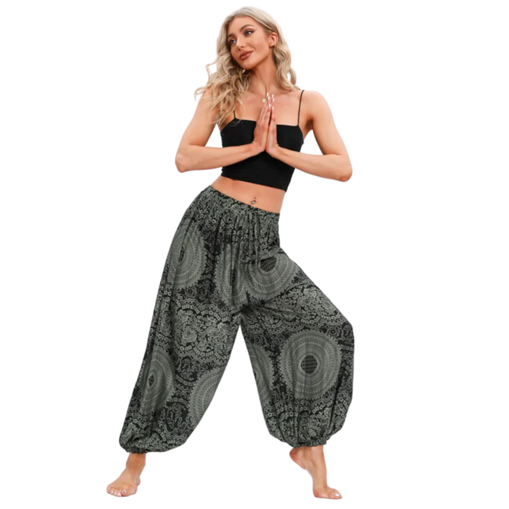 Cotton Harem Pants For Womens In Boho Lantern Style - Rose Dark Green / one size