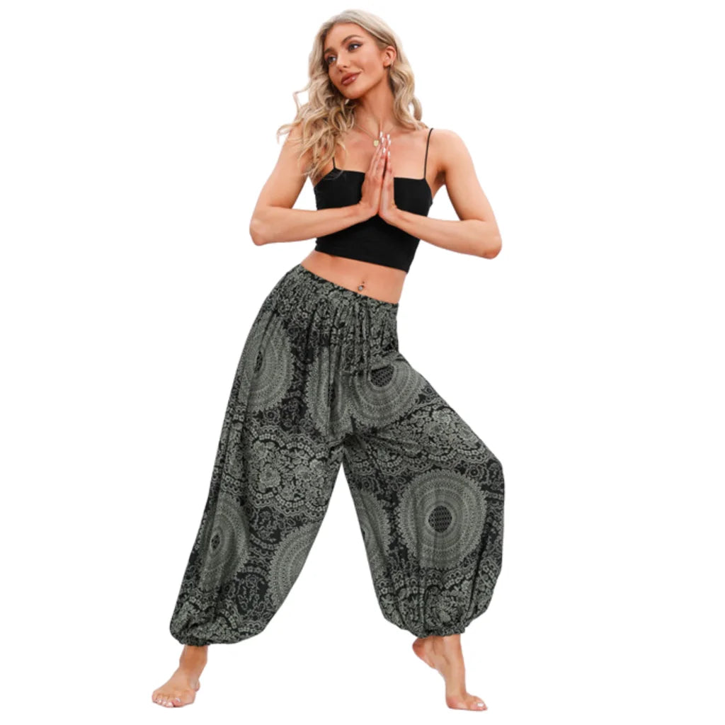 Cotton Harem Pants For Womens In Boho Lantern Style - Rose Dark Green / one size
