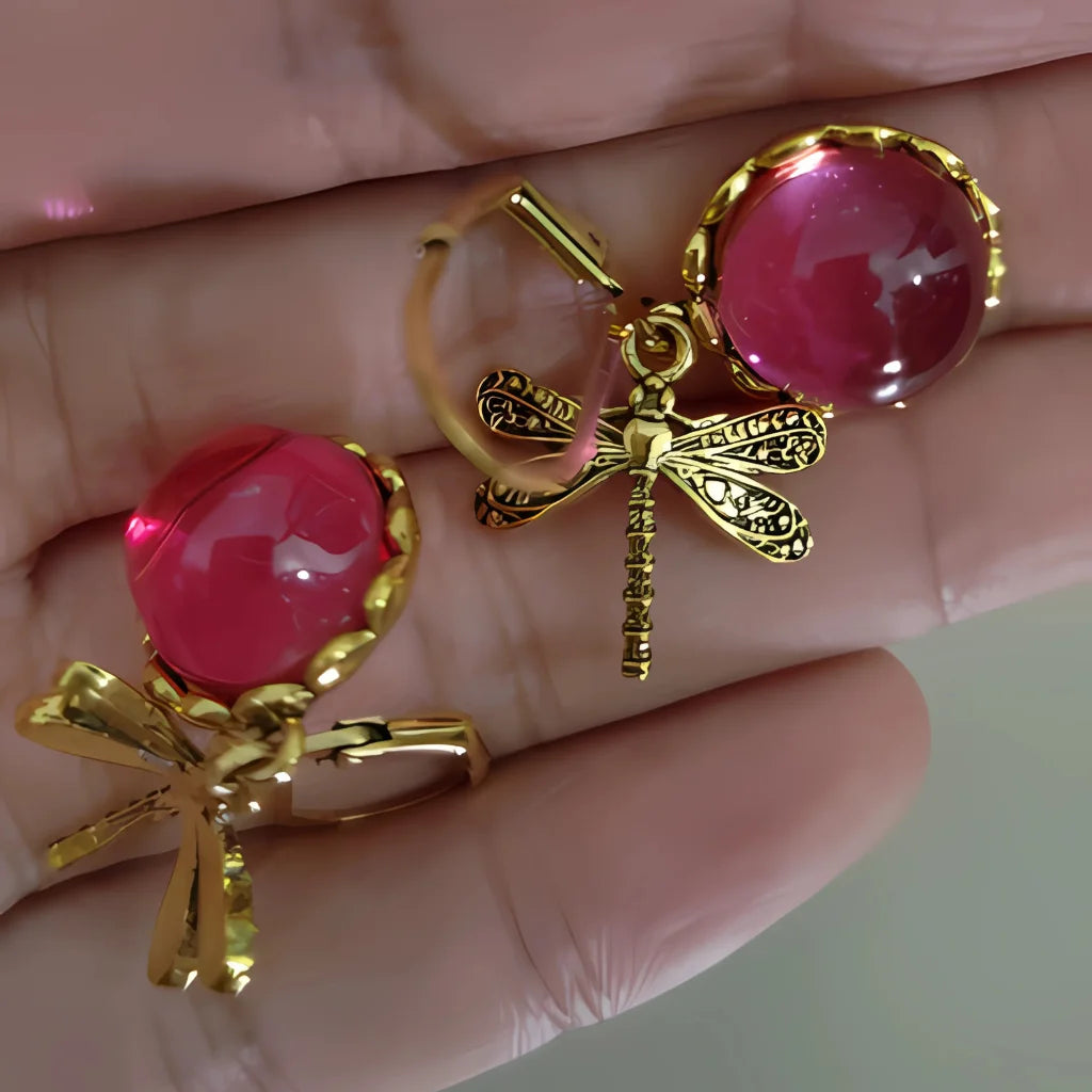Dragonfly Stone Boho Vintage Earrings - Rose Red