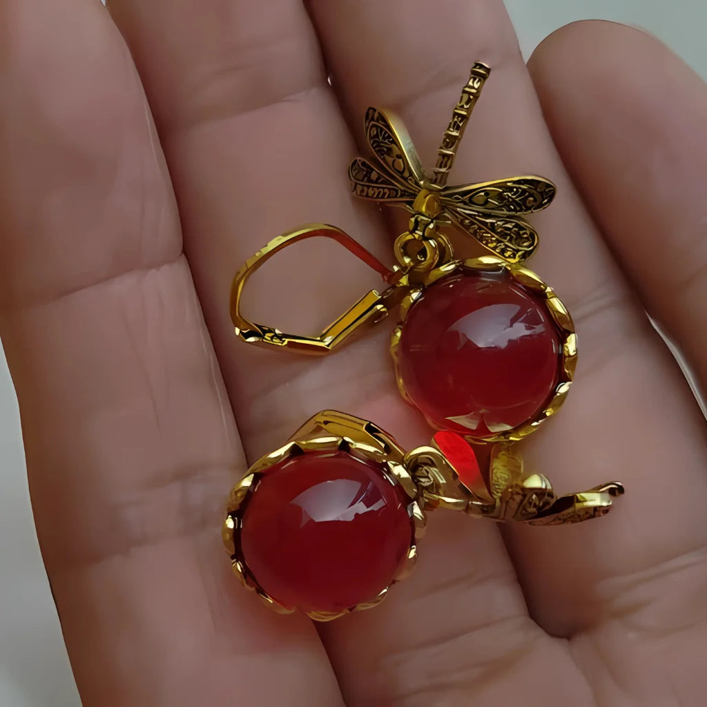Dragonfly Stone Boho Vintage Earrings - Wine Red