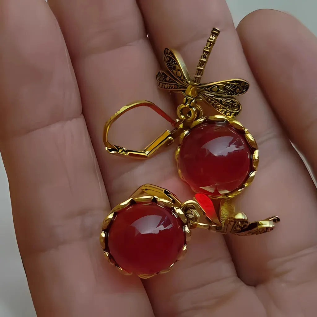 Dragonfly Stone Boho Vintage Earrings - Wine Red