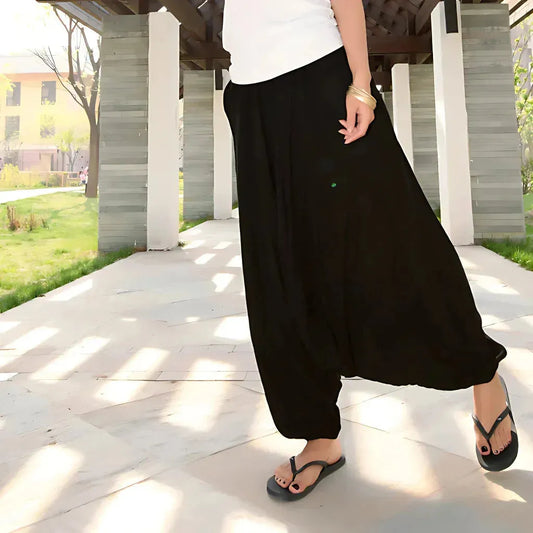 Ethnic Style Dropped Crotch Pants With Boho Flow - Black / L