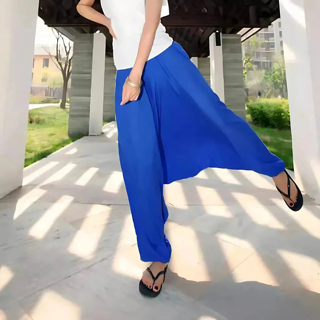 Ethnic Style Dropped Crotch Pants With Boho Flow - Gem Blue / L