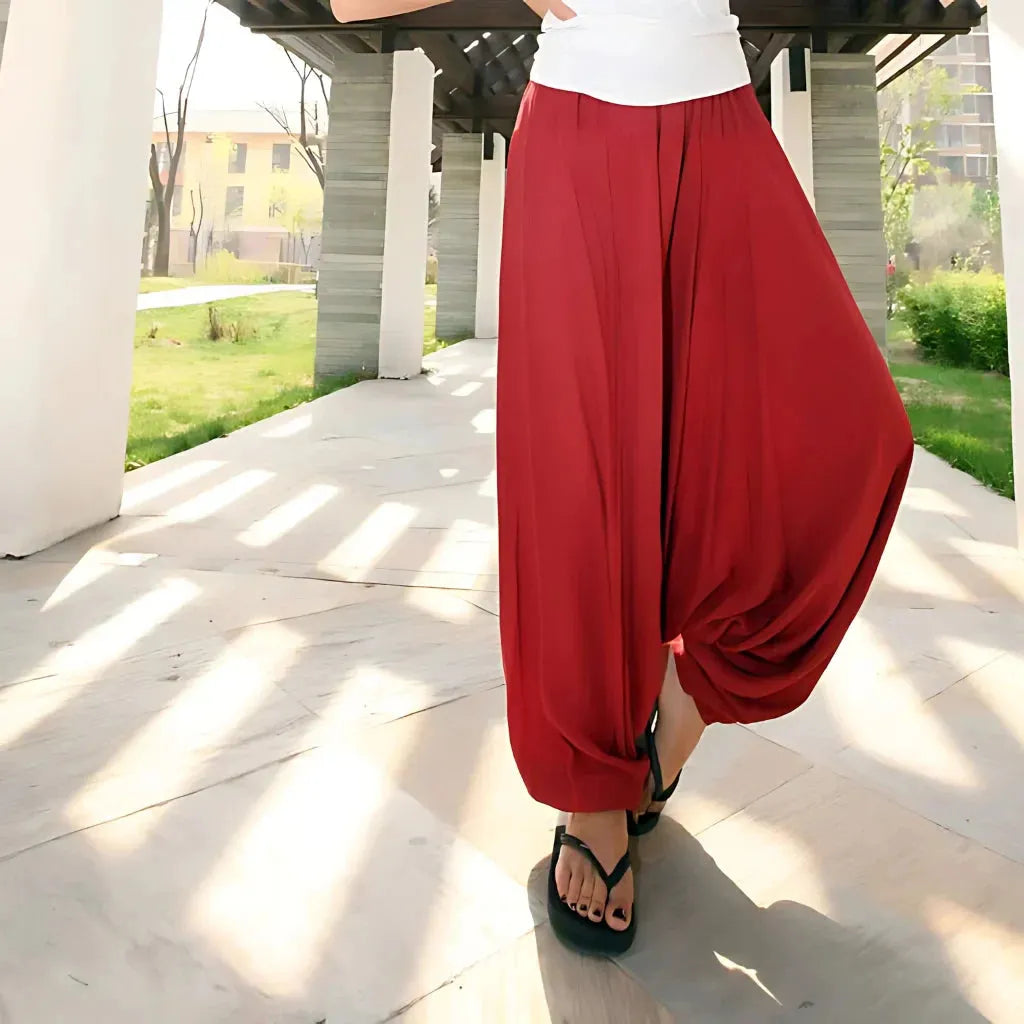 Ethnic Style Dropped Crotch Pants With Boho Flow - Purplish Red / L