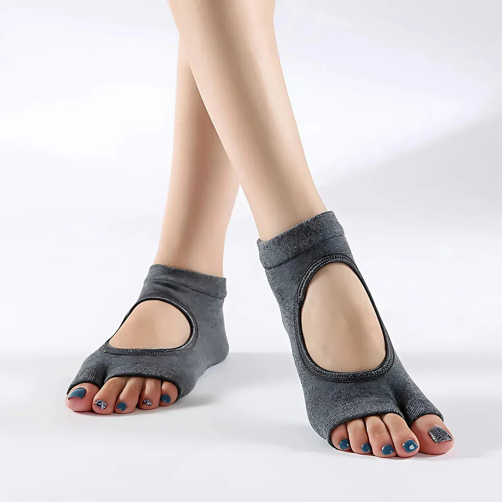 Exposed Toe Yoga Feet Socks With Grip Support - Dark Gray / one size