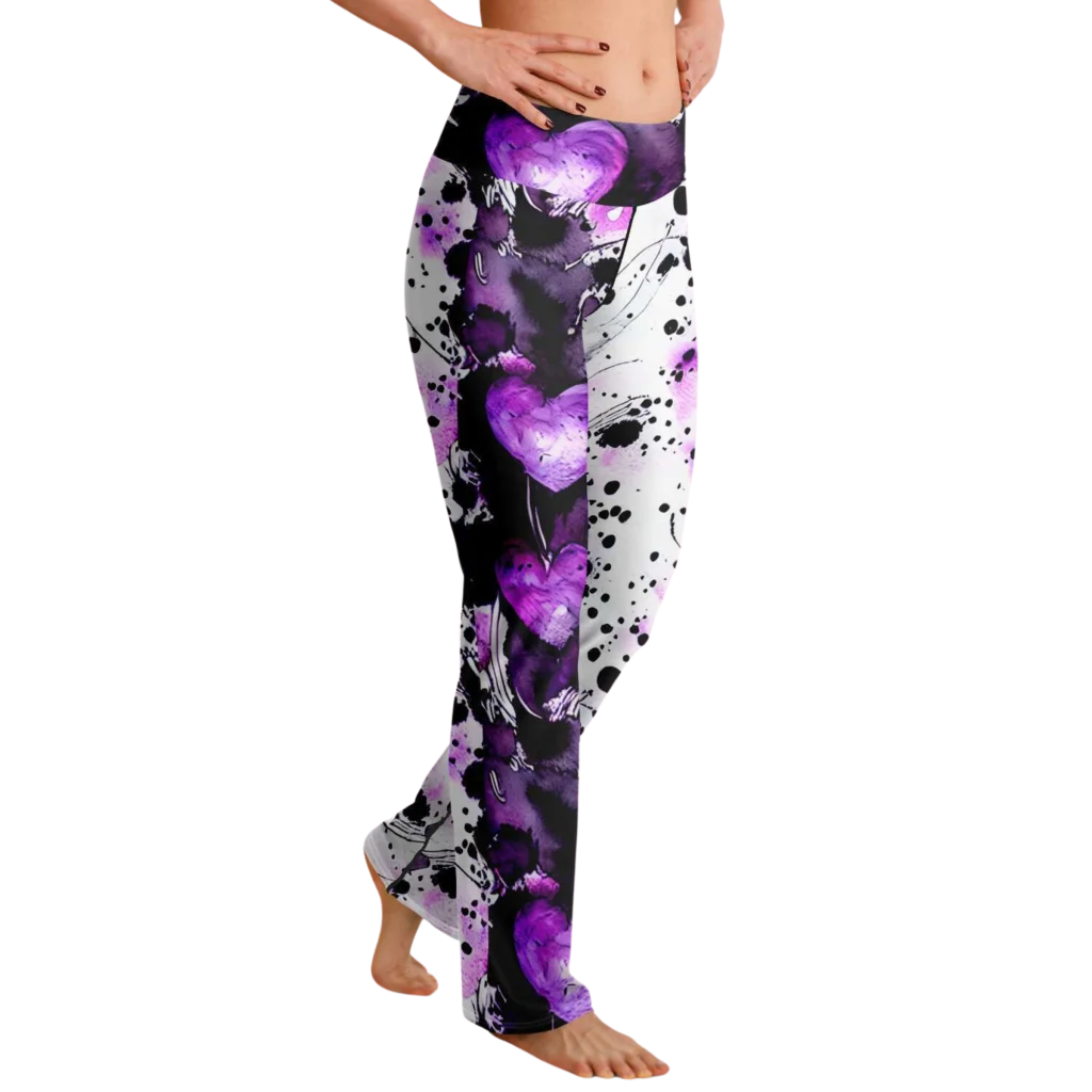 Flare Leggings For Women With Purple Heart Print