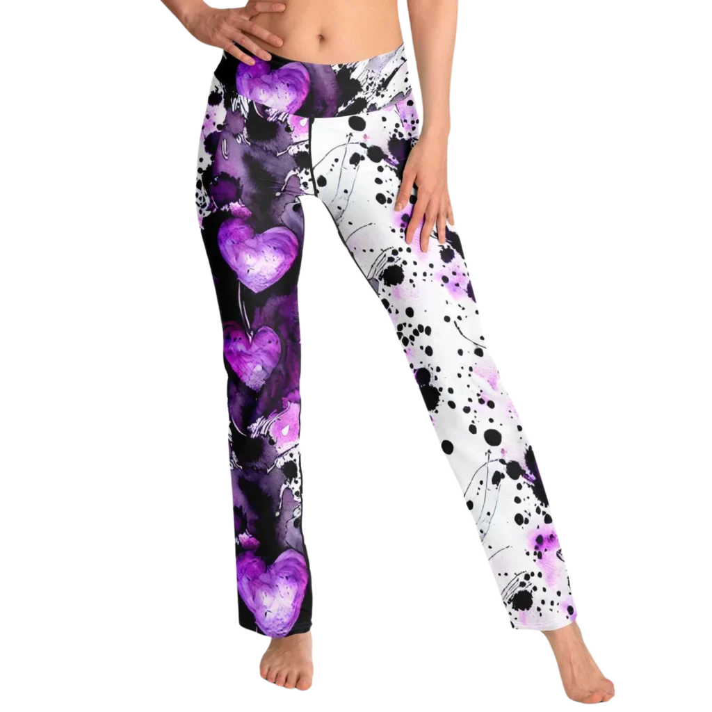 Flare Leggings For Women With Purple Heart Print
