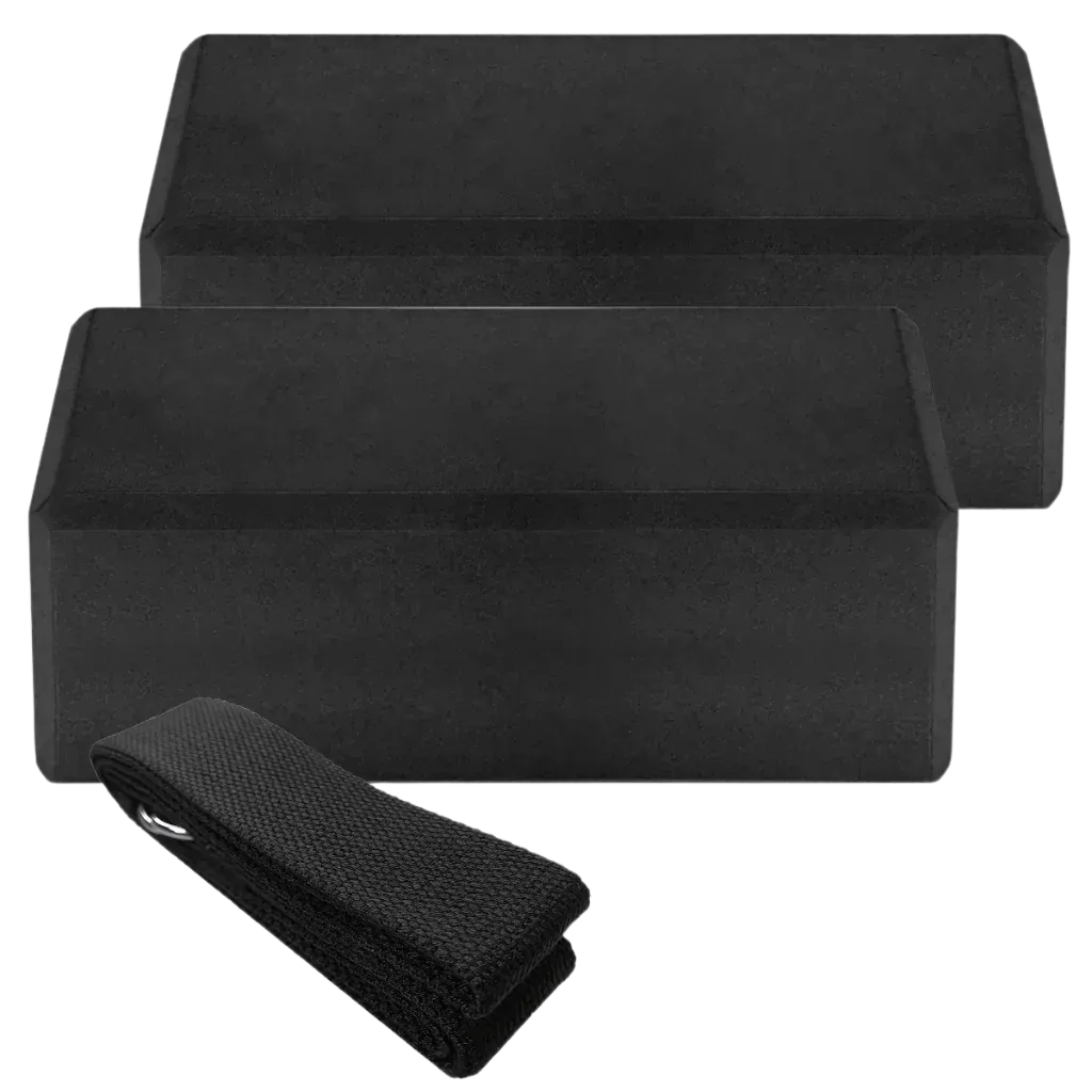 Foam Yoga Block Set With Strap For Stretch And Support - Black