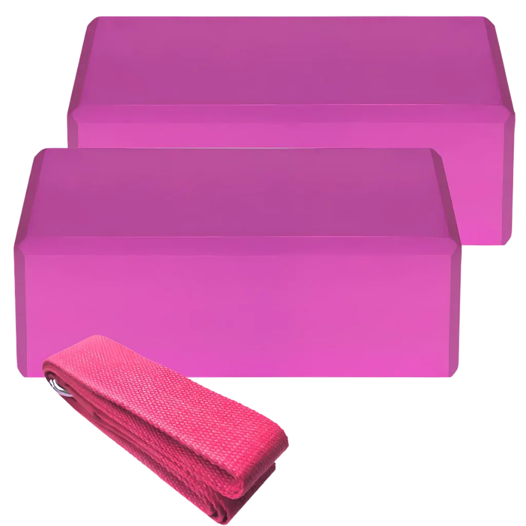 Foam Yoga Block Set With Strap For Stretch And Support - Pink